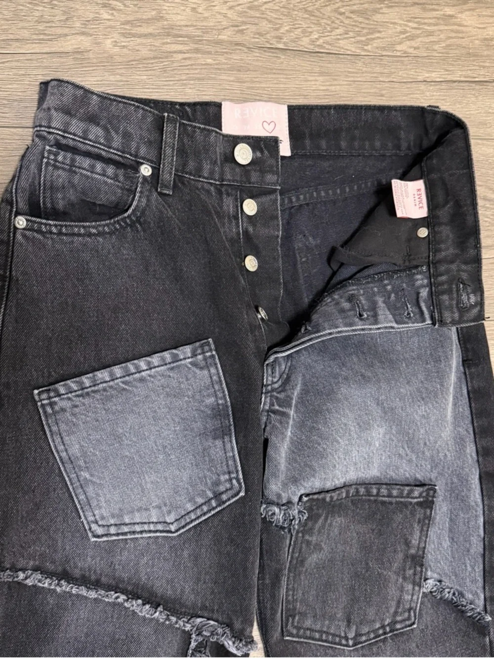 REVICE Love at First Sight Button Fly Black Denim Patchwork Jeans Womens Sz 26
